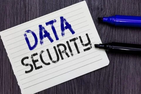 Writing note showing Data Security. Business photo showcasing Confidentiality Stock Photos