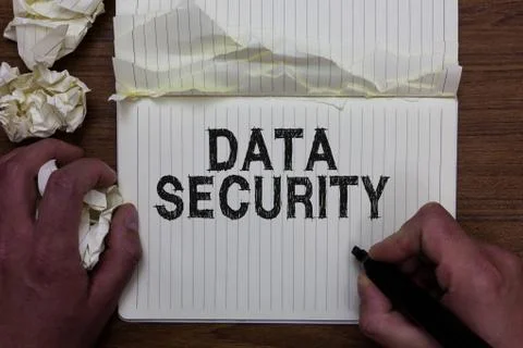 Writing note showing Data Security. Business photo showcasing Confidentiality Stock Photos