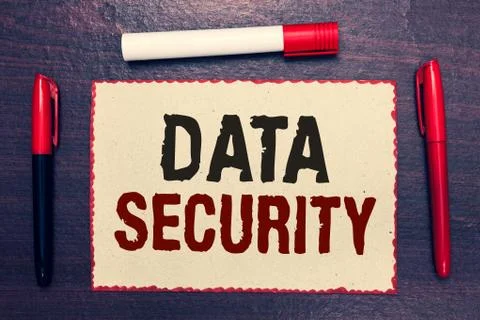 Writing note showing Data Security. Business photo showcasing Confidentiality Stock Photos