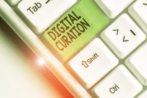 Writing note showing Digital Curation. Business photo showcasing maintenance Stock Photos