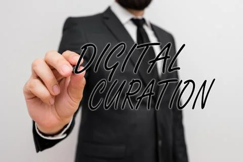 Writing note showing Digital Curation. Business photo showcasing maintenance Foto stock