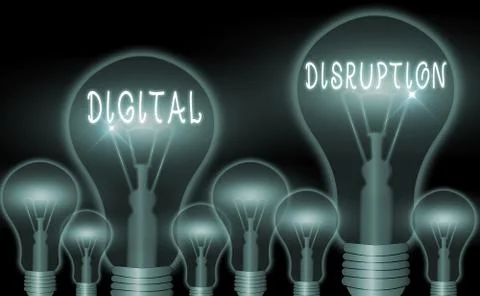 Writing note showing Digital Disruption. Business photo showcasing occur when Stock Illustration