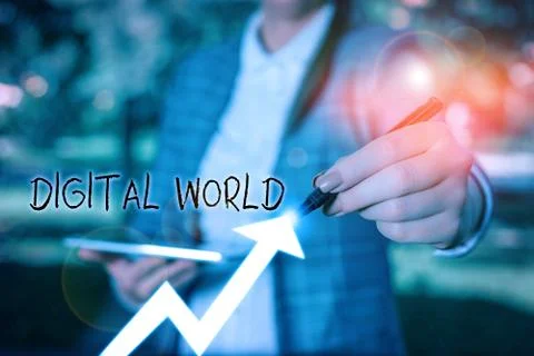 Writing note showing Digital World. Business photo showcasing Inter connected Fotos Stock
