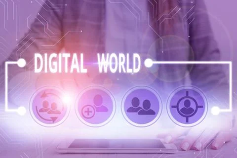 Writing note showing Digital World. Business photo showcasing Inter connected Fotos Stock