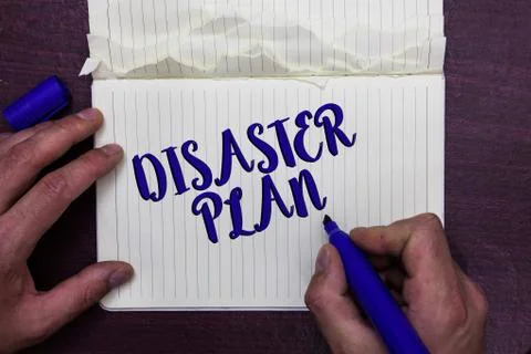 Writing note showing Disaster Plan. Business photo showcasing Respond to Stock Photos