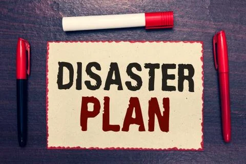 Writing note showing Disaster Plan. Business photo showcasing Respond to Stock Photos