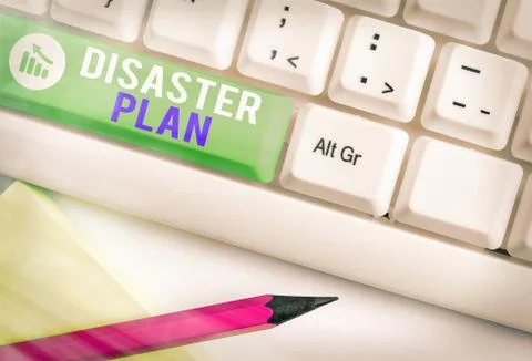 Writing note showing Disaster Plan. Business photo showcasing Respond to Stock Photos