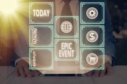Writing note showing Epic Event. Business photo showcasing pertaining to a long Foto stock