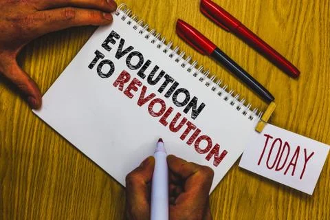 Writing note showing Evolution To Revolution. Business photo showcasing adapt 스톡 사진