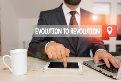Writing note showing Evolution To Revolution. Business photo showcasing adapting 스톡 사진