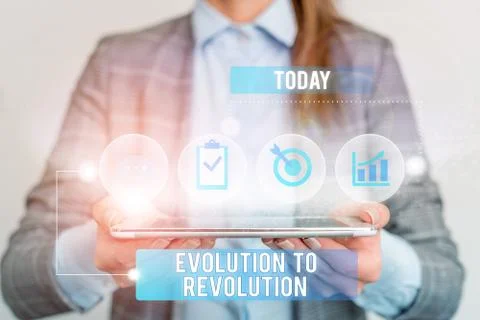 Writing note showing Evolution To Revolution. Business photo showcasing adapting Stockfoto's
