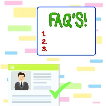 Writing note showing Faq S. Business photo showcasing list of questions and Illustrazione stock
