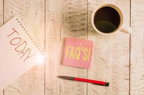 Writing note showing Faq S. Business photo showcasing list of questions and Foto stock