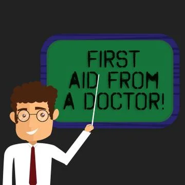 Writing note showing First Aid From A Doctor. Business photo showcasing Medical Stock Illustration