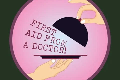 Writing note showing First Aid From A Doctor. Business photo showcasing Medical Stock Illustration