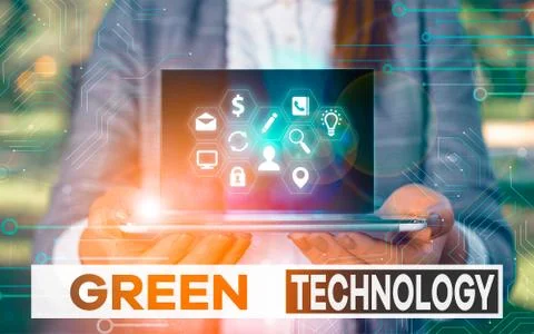 Writing note showing Green Technology. Business photo showcasing reverse the Stock Photos