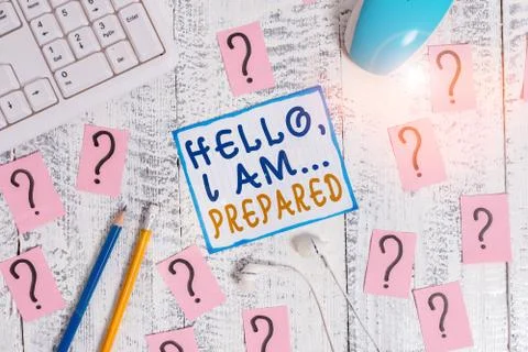 Writing note showing Hello I Am Prepared. Business photo showcasing introduce Stock Photos