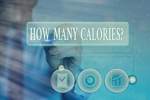 Writing note showing How Many Calories Question. Business photo showcasing Foto stock