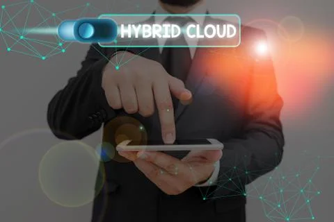 Writing note showing Hybrid Cloud. Business photo showcasing computing Foto stock