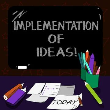 Writing note showing Implementation Of Ideas. Business photo showcasing Illustrazione stock