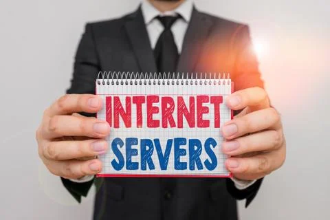 Writing note showing Internet Servers. Business photo showcasing delivers the 스톡 사진