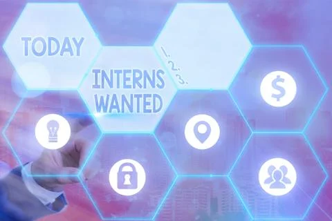 Writing note showing Interns Wanted. Business photo showcasing Looking for on Stock Photos