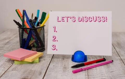 Writing note showing Let S Discuss. Business photo showcasing asking someone to 스톡 사진