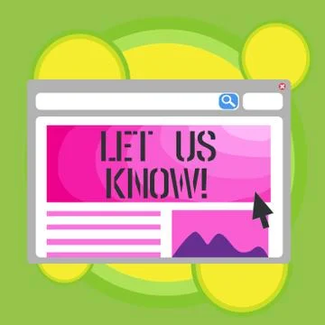 Writing note showing Let Us Know. Business photo showcasing Inform about a 库存插图