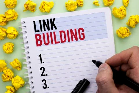 Writing note showing  Link Building. Business photo showcasing Process of acq Stock Photos
