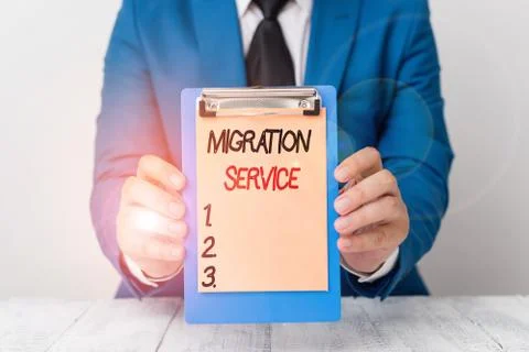 Writing note showing Migration Service. Business photo showcasing moving of Stock Photos