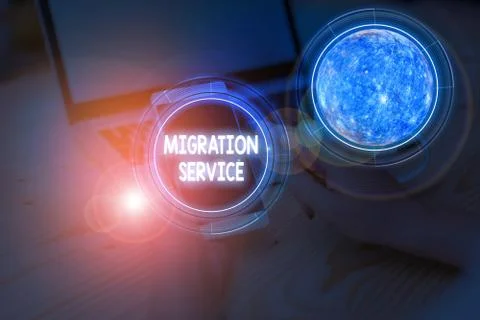 Writing note showing Migration Service. Business photo showcasing moving of Stock Photos