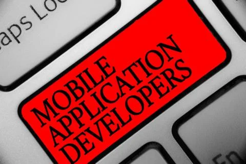 Writing note showing Mobile Application Developers. Business photo showcasing Stock Photos