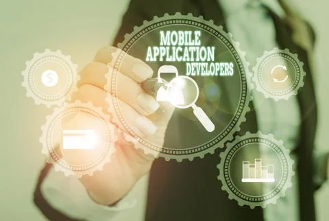 Writing note showing Mobile Application Developers. Business photo showcasing Stock Photos