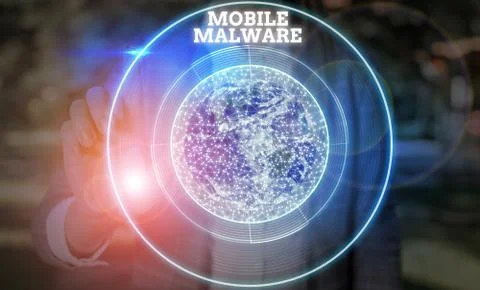 Writing note showing Mobile Malware. Business photo showcasing malicious Stock Photos