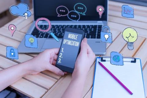 Writing note showing Mobile Optimization. Business photo showcasing Site Content Stock Photos