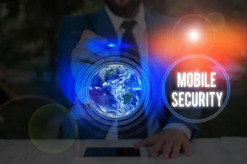 Writing note showing Mobile Security. Business photo showcasing efforts to Stock Photos