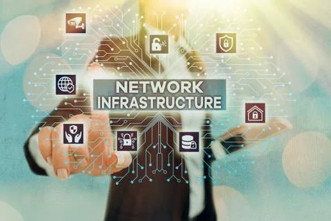 Writing note showing Network Infrastructure. Business photo showcasing Hardware Stock Photos