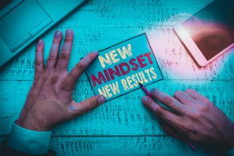 Writing note showing New Mindset New Results. Business photo showcasing Open to Stock Photos