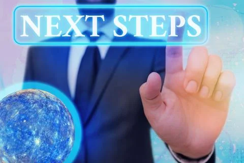 Writing note showing Next Steps. Business photo showcasing something you do or Stock Photos