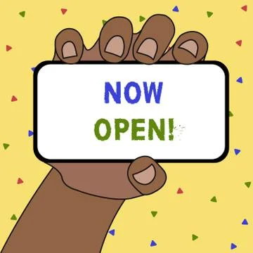 Writing note showing Now Open. Business photo showcasing leave door or windows Ilustración de archivo