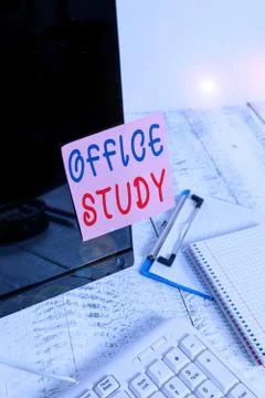 Writing note showing Office Study. Business photo showcasing any location or Fotos de archivo