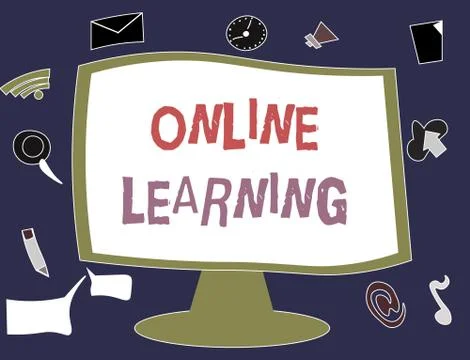 Writing note showing Online Learning. Business photo showcasing Larning with the 스톡 일러스트