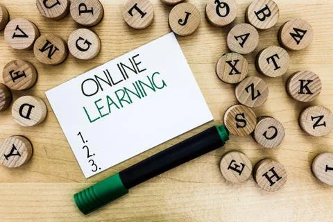 Writing note showing Online Learning. Business photo showcasing Larning with the Fotos de archivo