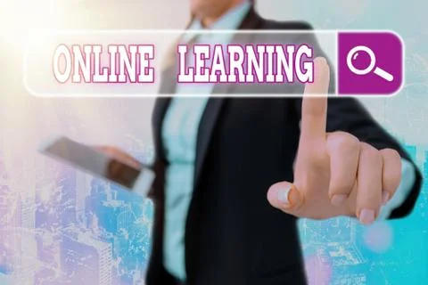 Writing note showing Online Learning. Business photo showcasing Larning with the 스톡 사진