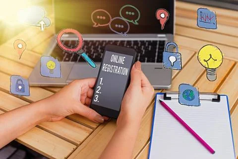 Writing note showing Online Registration. Business photo showcasing Process to Stock Photos