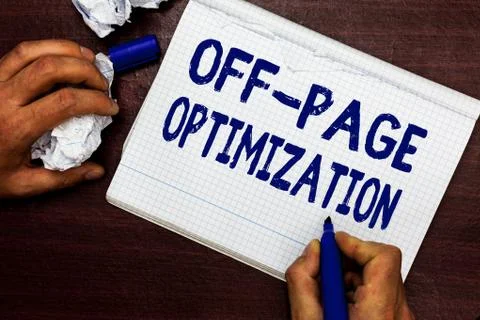 Writing note showing Off Page Optimization. Business photo showcasing Website Stock Photos