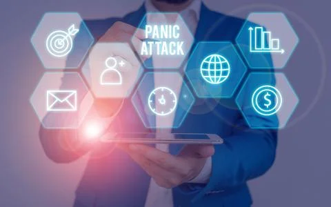 Writing note showing Panic Attack. Business photo showcasing sudden periods of Stock Photos
