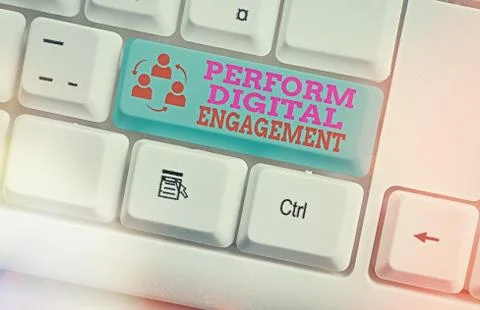 Writing note showing Perform Digital Engagement. Business photo showcasing Stock Photos