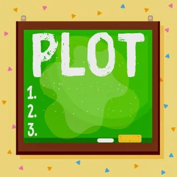 Writing note showing Plot. Business photo showcasing sequence of events inside a Ilustración de archivo