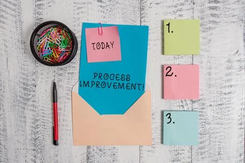 Writing note showing Process Improvement. Business photo showcasing Optimization Foto stock